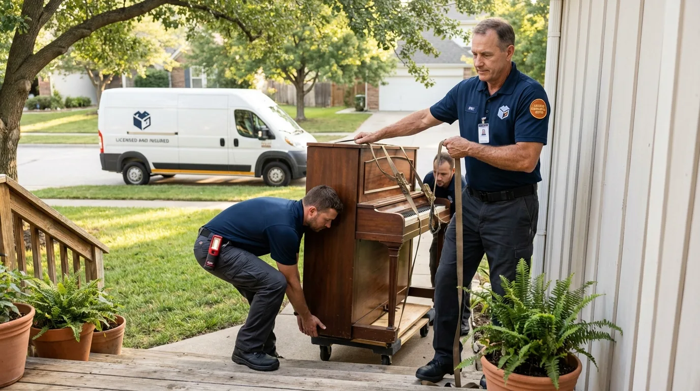 Licensed piano movers securing grand piano in Rochelle, IL