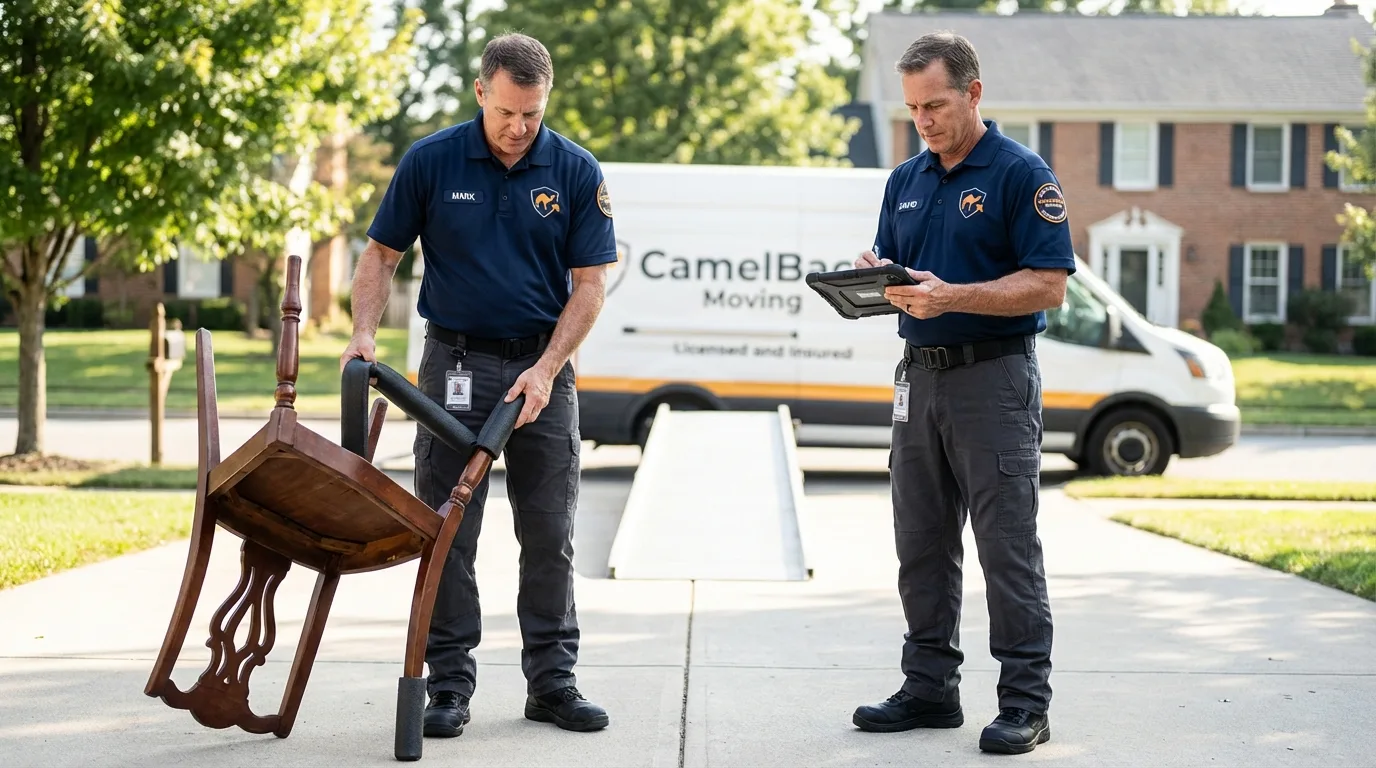 Movers inspecting furniture for damage prevention before loading in Rochelle, IL
