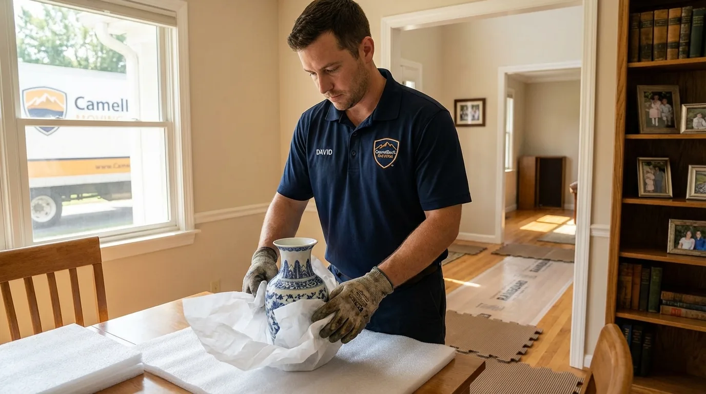 Professional crew carefully wrapping antique vase for senior downsizing move in Rochelle, IL